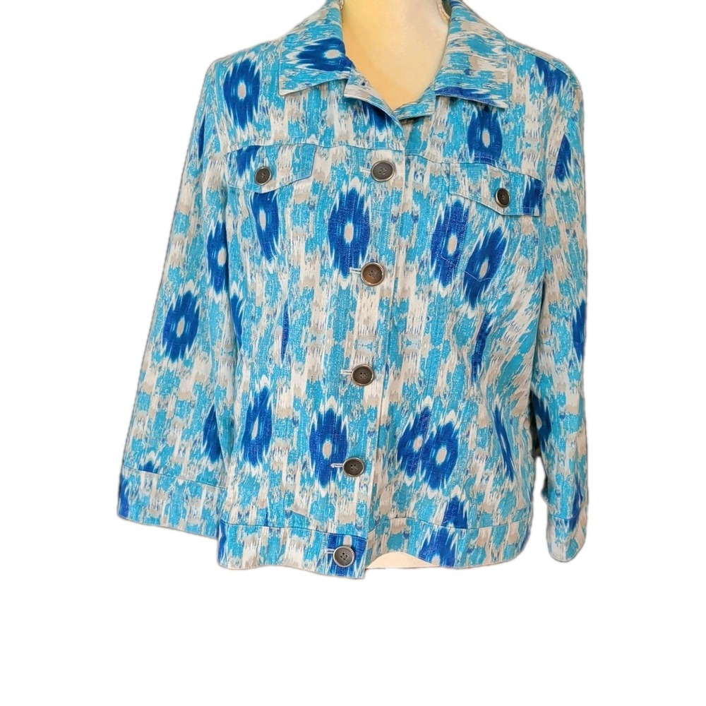 Chico's Womens Jacket Ikat Print Blues Size 2 Denim Style Linen Blend Long Sleev
